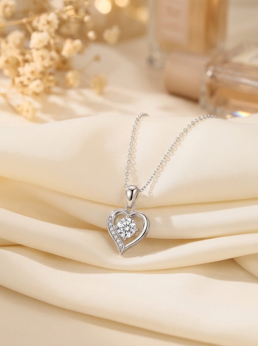Amore Heart Pendant — moissanite sterling silver pendant, styled on silk in natural light