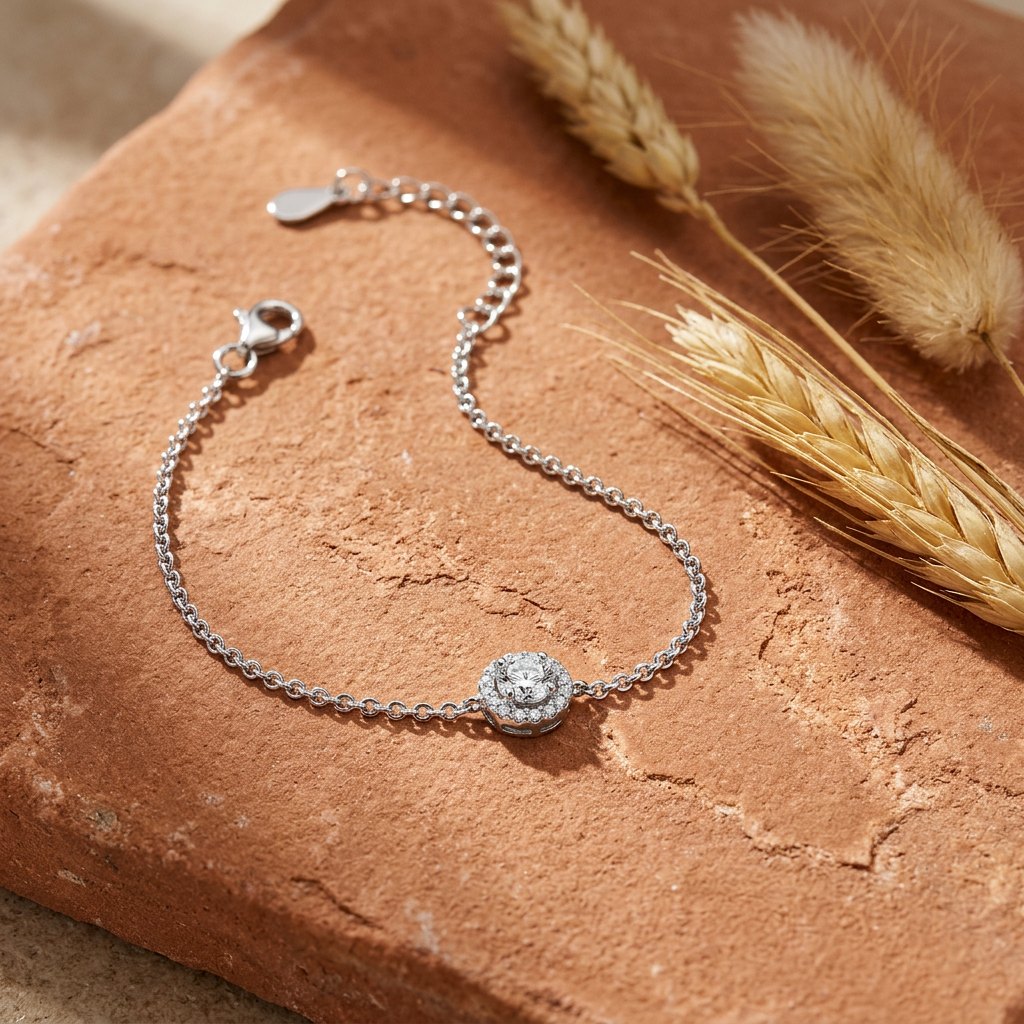 Aura Halo Bracelet — moissanite sterling silver bracelet, styled on silk in natural light
