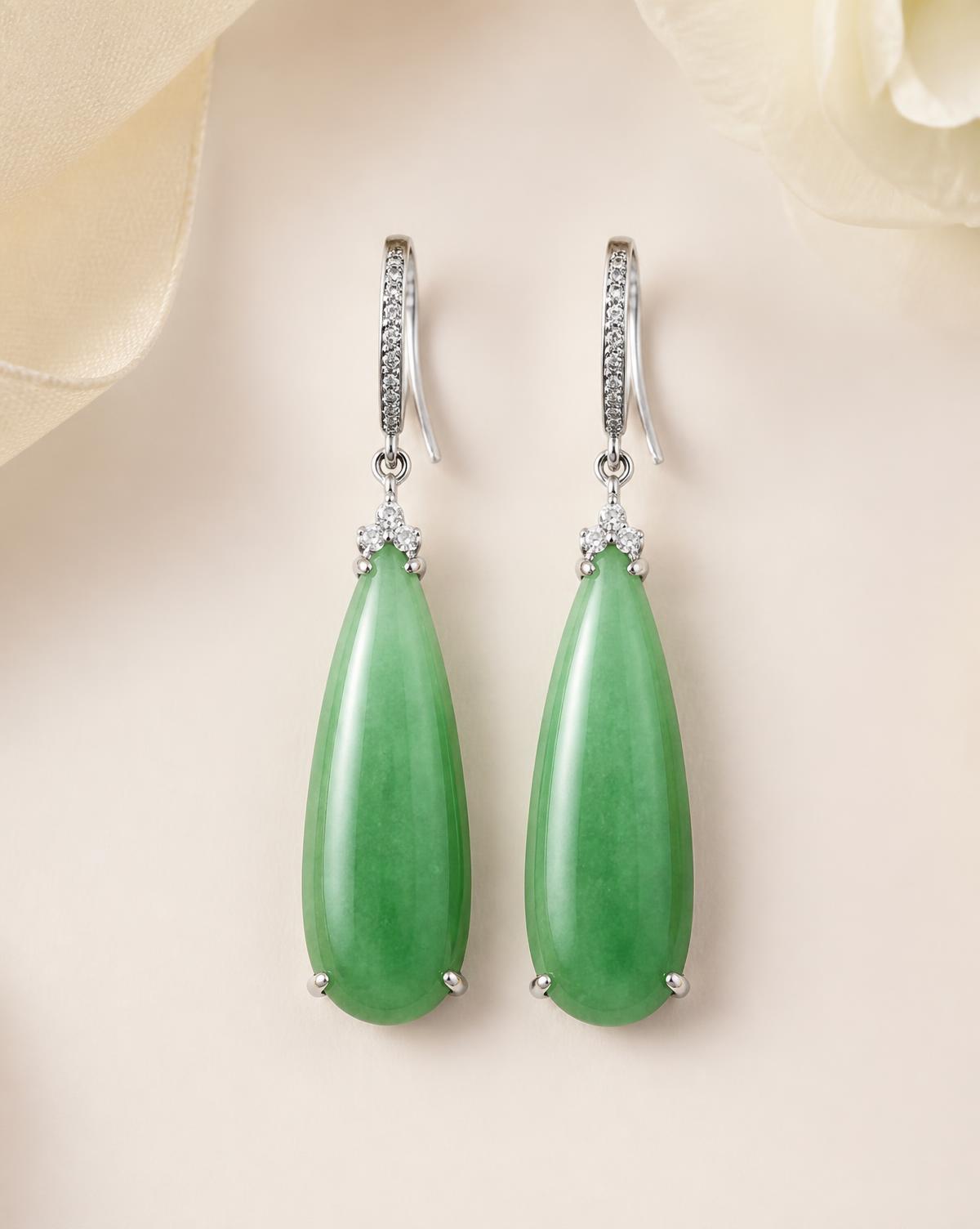 Aurora Jade Drop Earrings — jade sterling silver earrings, studio photograph on a clean background