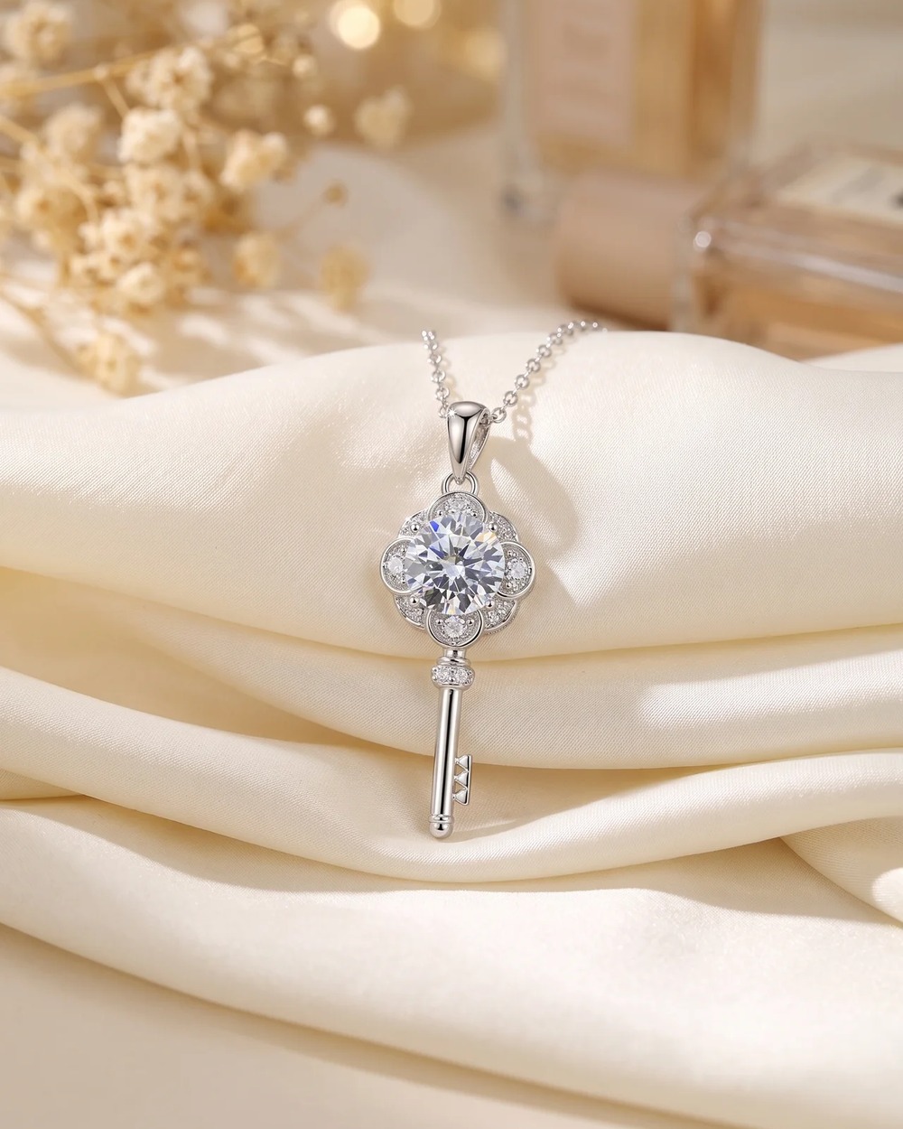 Chiave Key Pendant — moissanite sterling silver pendant, detail view