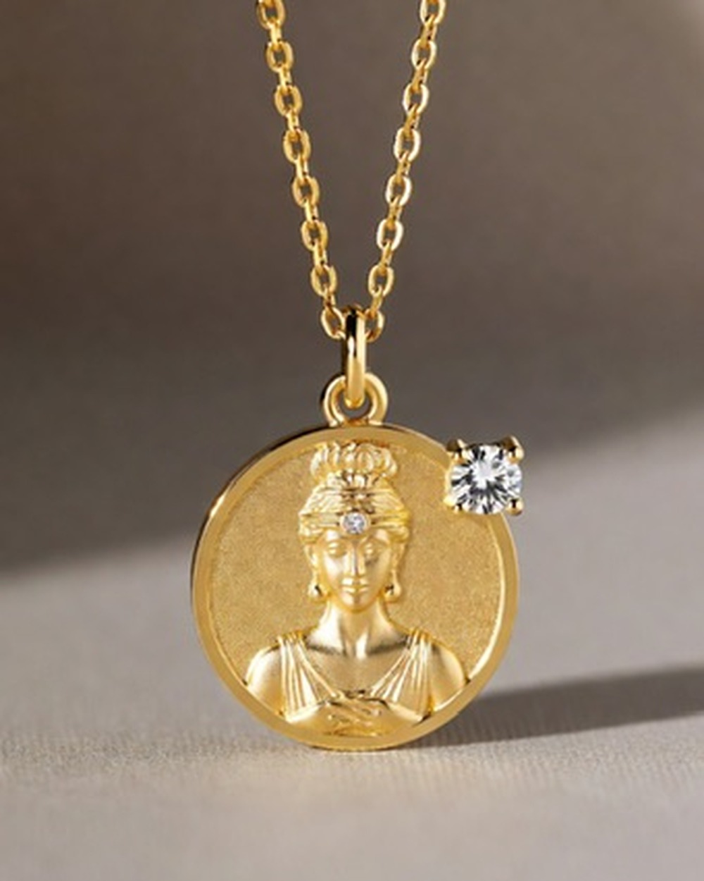 Dea Medallion Necklace — moissanite 14k gold vermeil pendant, studio photograph on a clean background