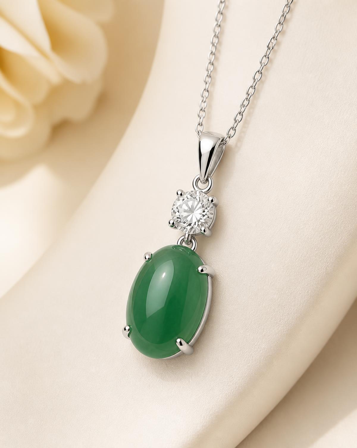 Dualità Pendant — moissanite and jade sterling silver pendant, studio photograph on a clean background