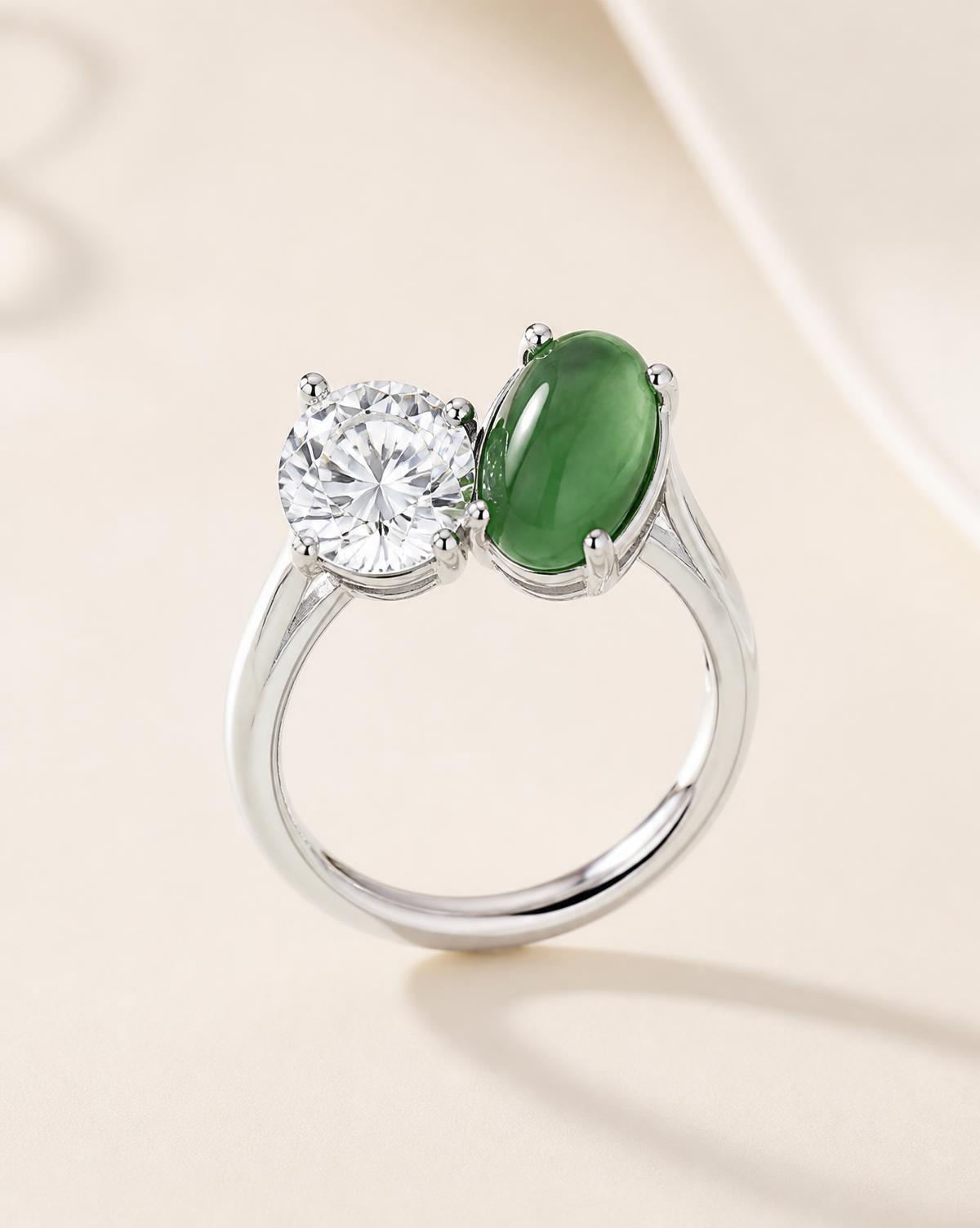 Dualità Ring — moissanite and jade sterling silver ring, studio photograph on a clean background