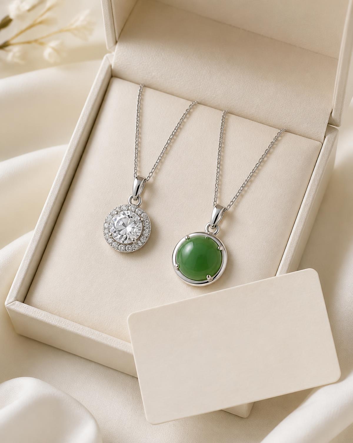 Intention Set — Sky & Earth — moissanite and jade sterling silver pendant, studio photograph on a clean background