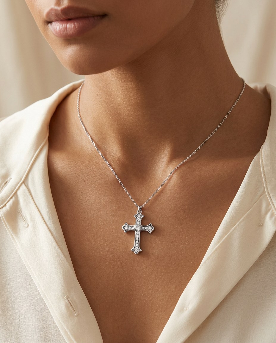Croce Cross Pendant — moissanite sterling silver pendant, worn by a model on the collarbone