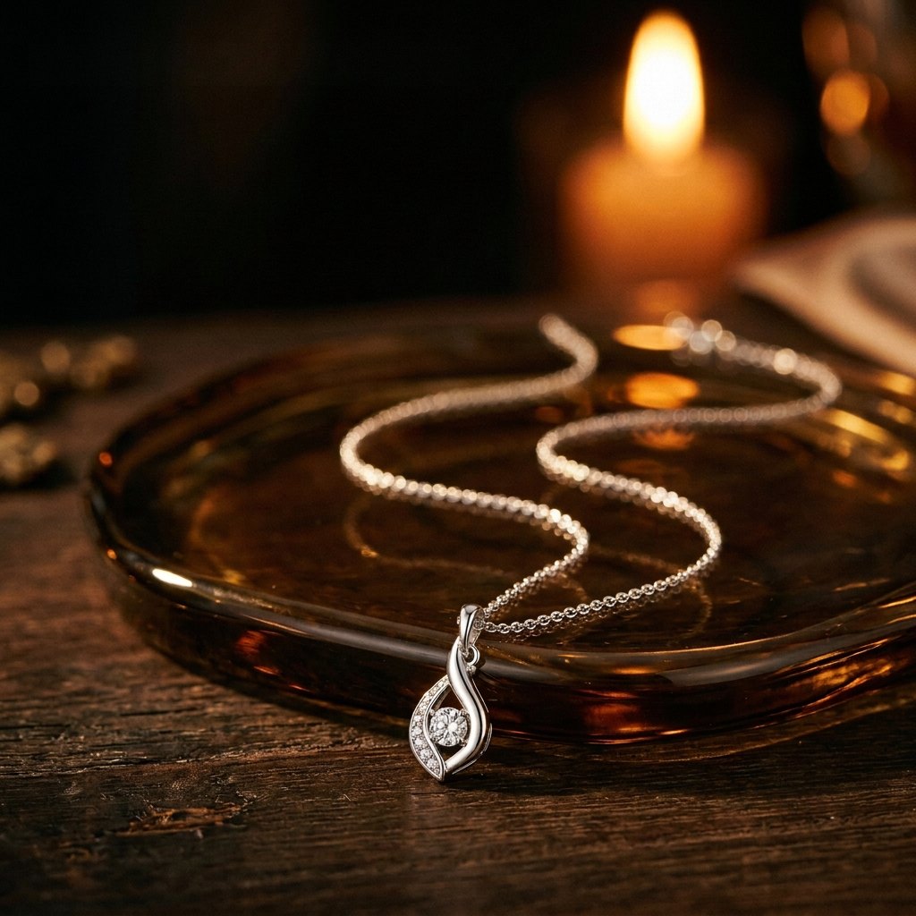 Fiamma Flame Pendant — moissanite sterling silver pendant, styled on silk in natural light