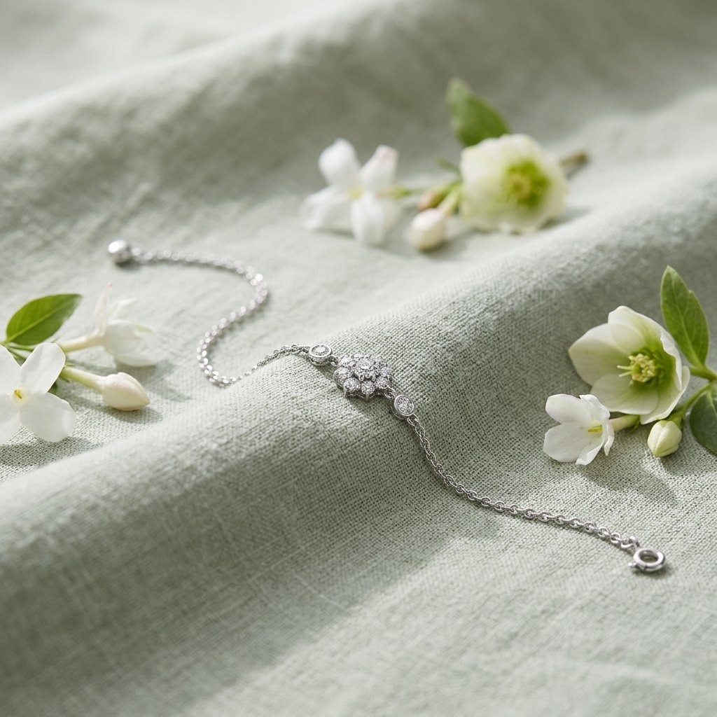 Fiorella Bloom Bracelet — moissanite sterling silver bracelet, styled on silk in natural light