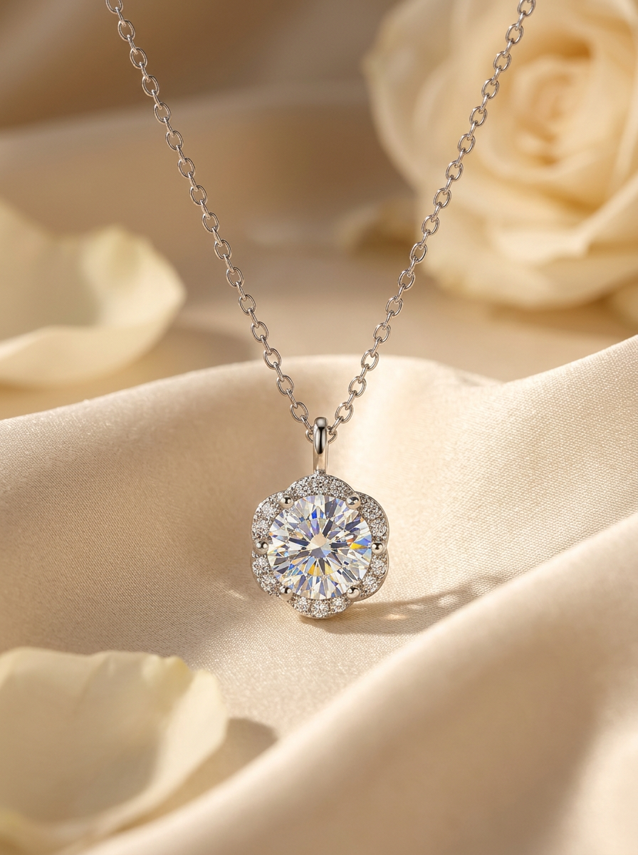 Fiorentina Halo Pendant moissanite sterling silver necklace on cream silk with ivory petals