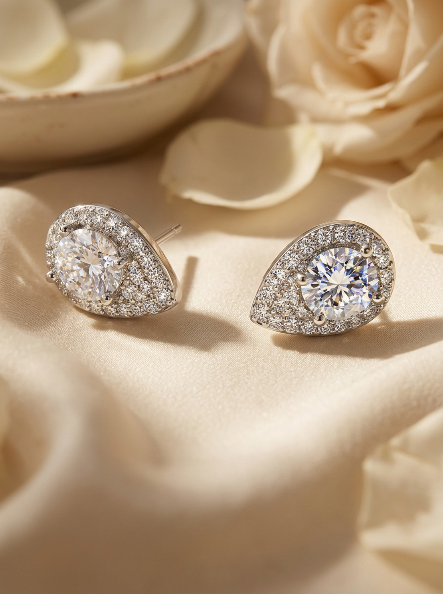 Lacrima Halo Studs moissanite sterling silver earrings on cream silk with ivory petals