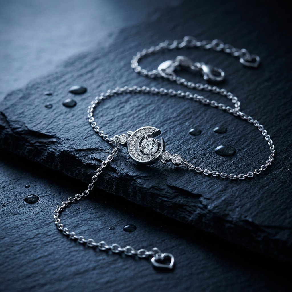 Luna Crescent Bracelet — moissanite sterling silver bracelet, styled on silk in natural light