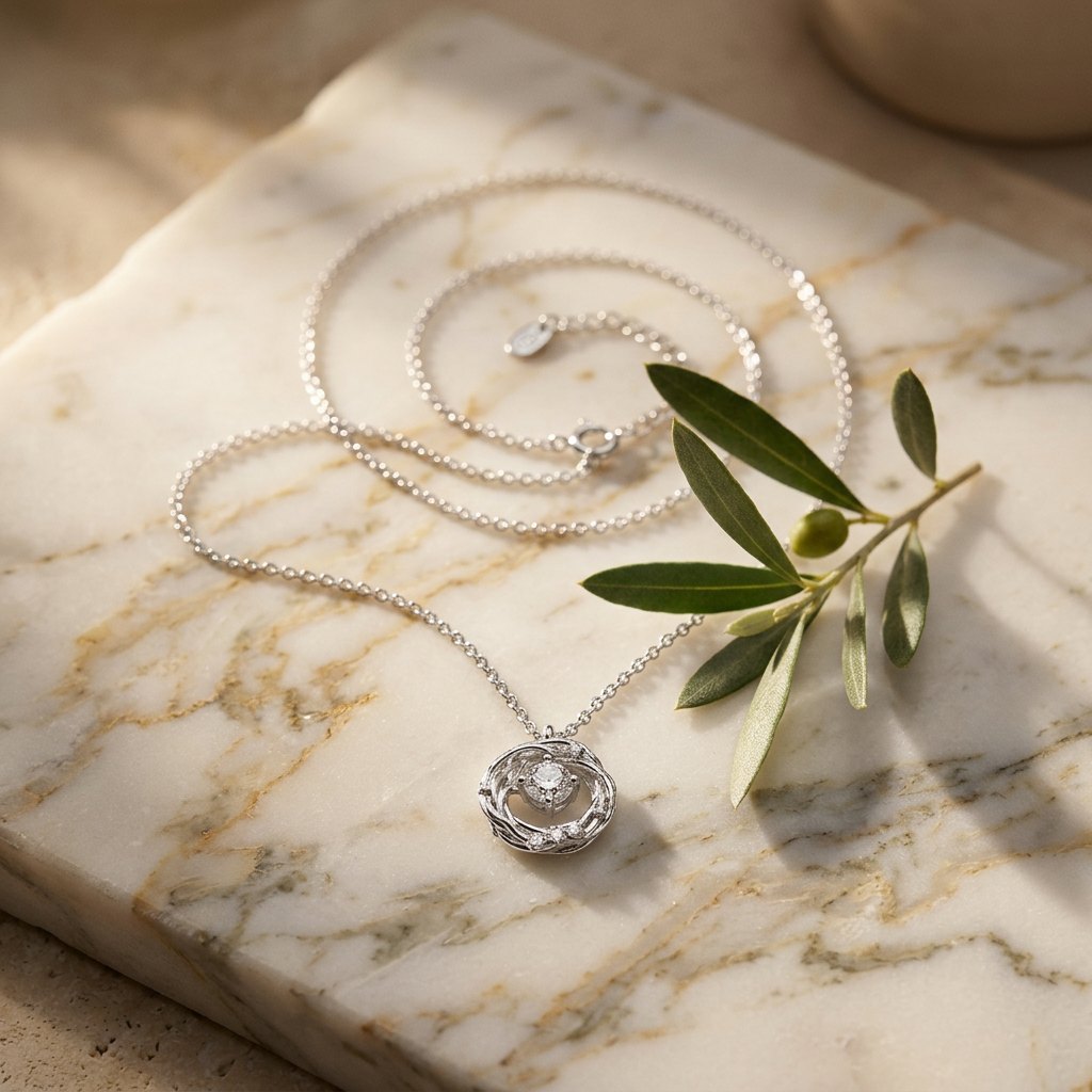 Nido Nest Pendant — moissanite sterling silver pendant, styled on silk in natural light