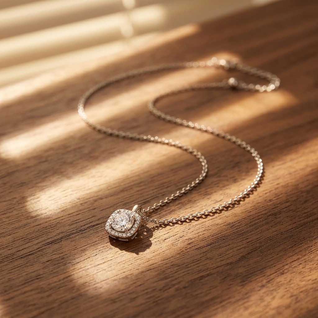 Quadra Halo Pendant — moissanite sterling silver pendant, styled on silk in natural light