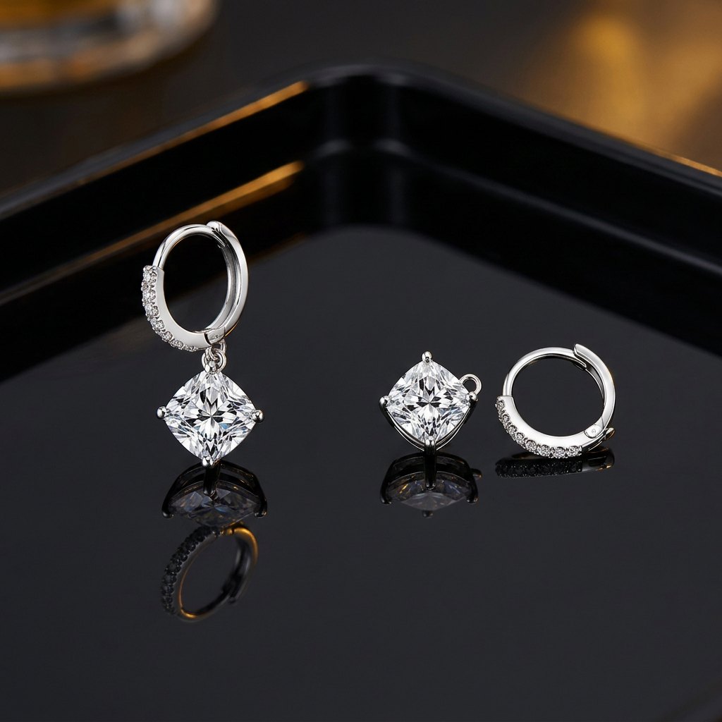 Serena Drop Huggies — moissanite sterling silver earrings, styled on silk in natural light