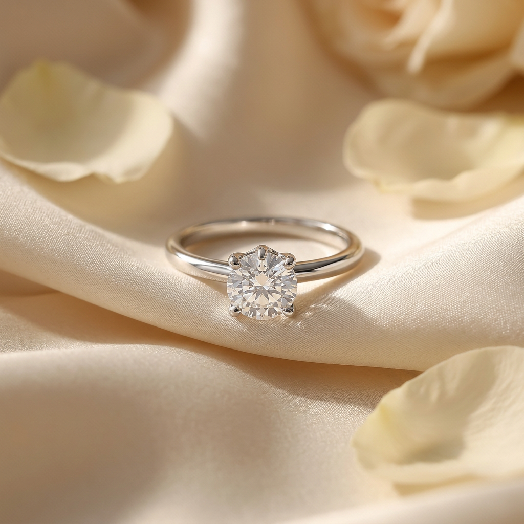 Vittoria Solitaire moissanite sterling silver ring on cream silk with ivory petals